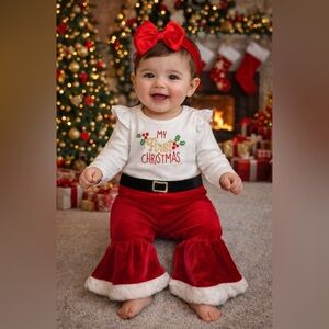 New w tags! My First Christmas Baby Outfit - White Top & Red Velvet Pants
